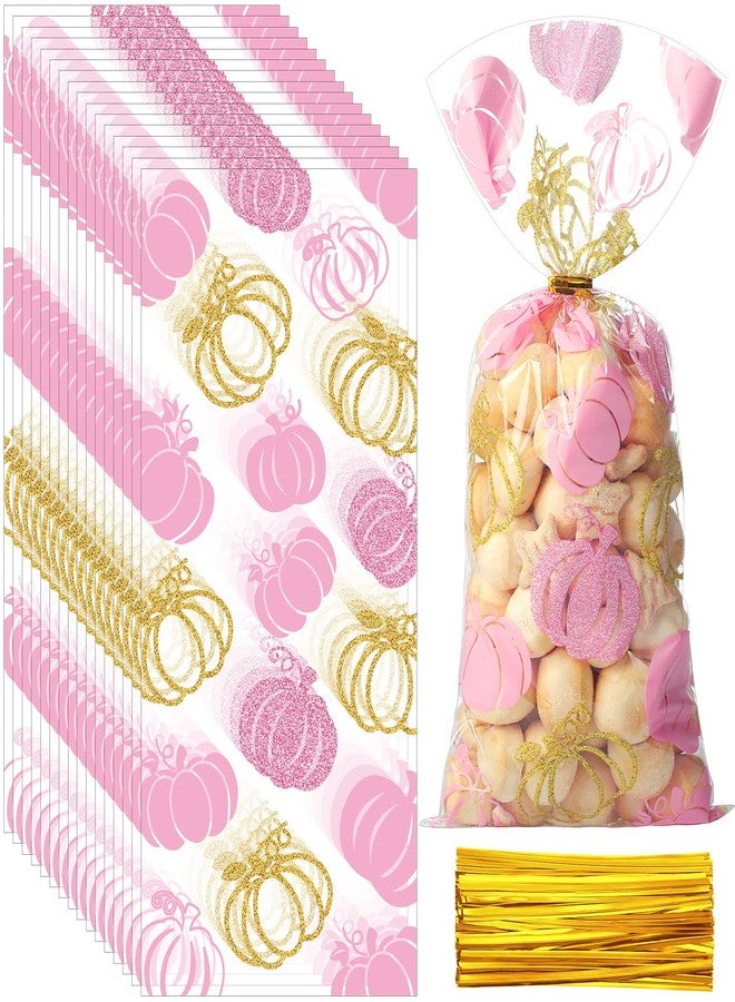 Funrous 100 Pcs Little Pumpkin Bags Fall Cellophane Pumpkin Party Candy Bags Plastic Goodie Treat Gifts with Gold Twist Ties for Autumn Theme Party Supplies Thanksgiving Decorations - Image 1